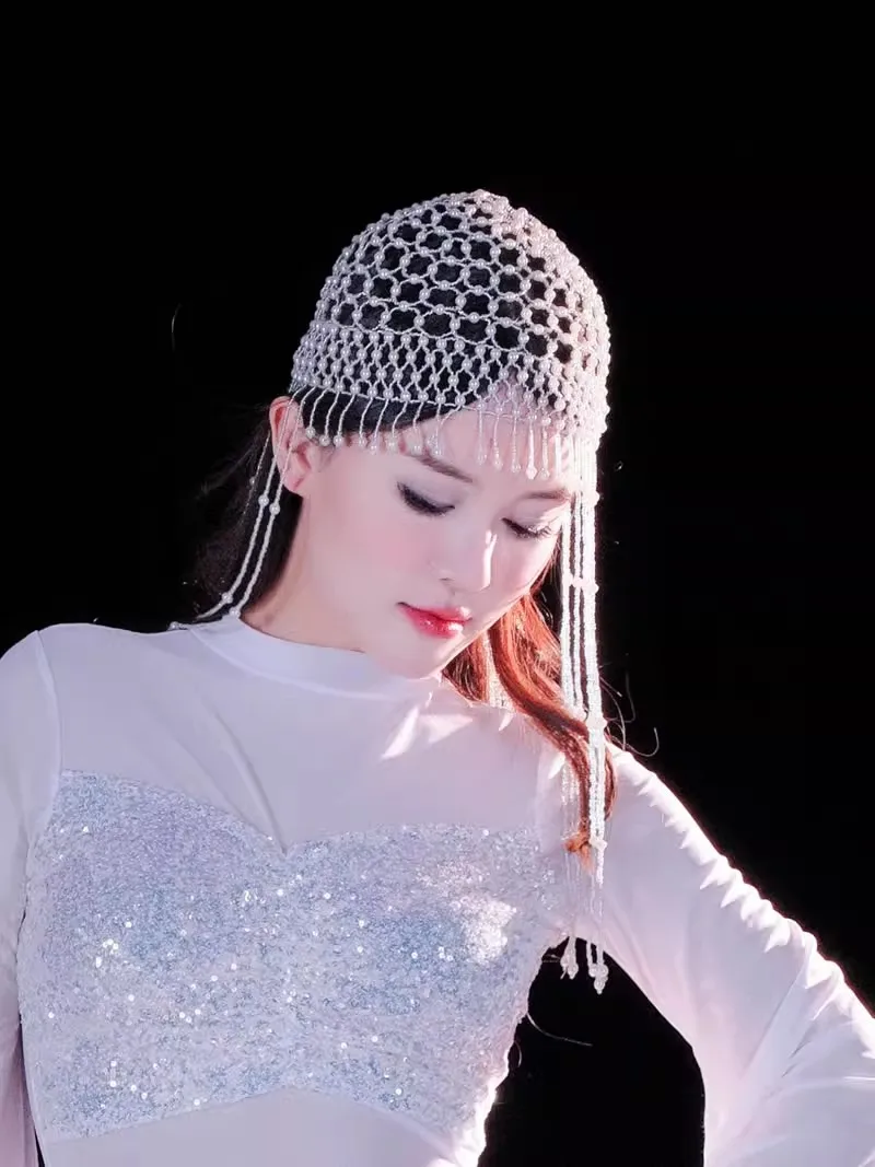 Accesorio de baile para mujer, joyería para la cabeza, gorro con cuentas, perlas tejidas a mano, adorno Retro, sombrero con dedos, tocado de novia