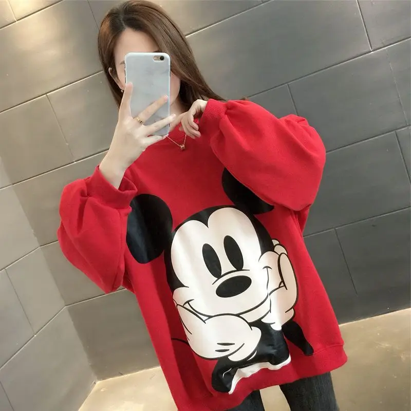 Cartoon Anime Mickey Print Loose Sweatshirt Autumn Winter Cartoon Velvet Pullover Top Plus Size Hoodie Korea Popular KnittedTopS