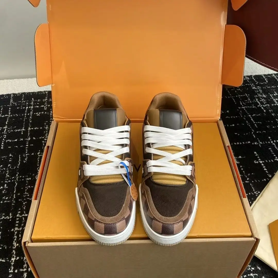 Vintage Coffee Tone Patchwork Low‑Top Skate Sneakers Checkered Fabric & Nubuck Leather Contrast Stitching Flat Rubber Sole Fashion Daily Casual Shoes