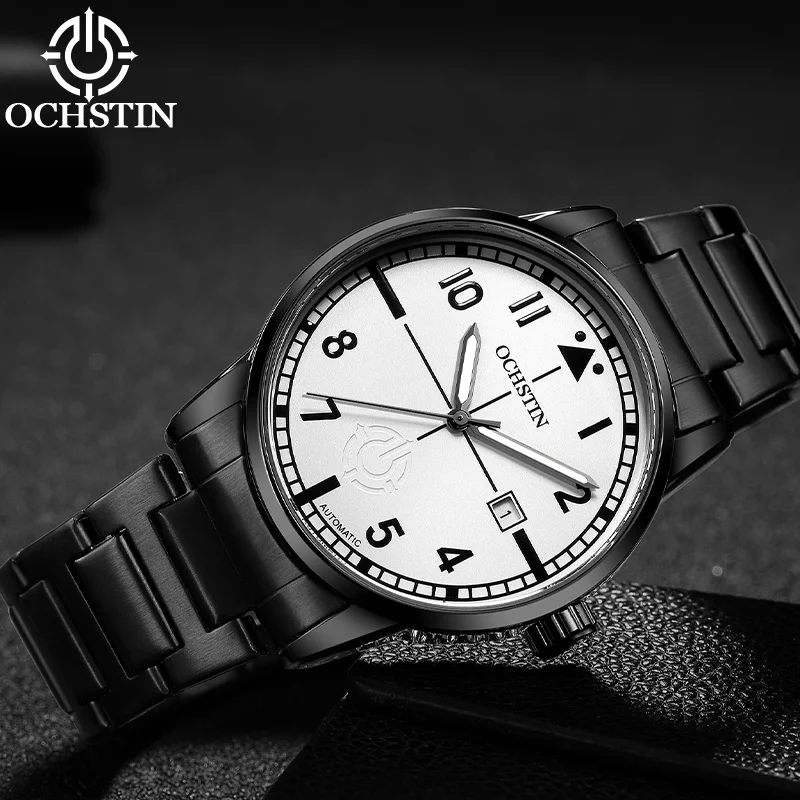 OCHSTIN Men Commander Series Automatic Mechanical Wristwatch Polished Stainless Steel Strap Waterproof Business Male Watch