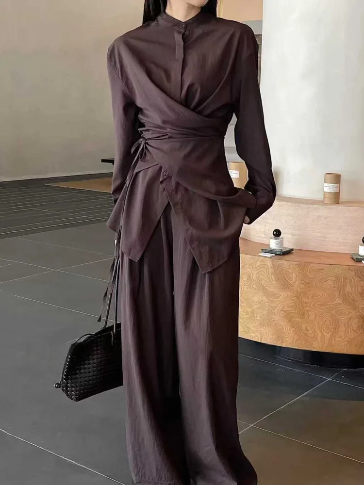 CiCi 2025 مجموعة ملابس النوم المستدامة الجديدة للنساء رابطة عنق مستديرة الخصر السراويل المستقيمة المشتركة ملابس مكتب الحد الأدنى #6