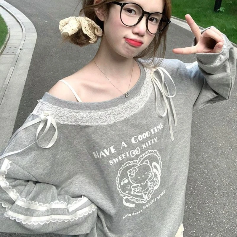 

Sanrio Hello Kitty Woman's Ladies' Sloping Shoulder Long-sleeved T-shirt Cartoon Fashion Girls Loose Lace Printed Round Neck Top