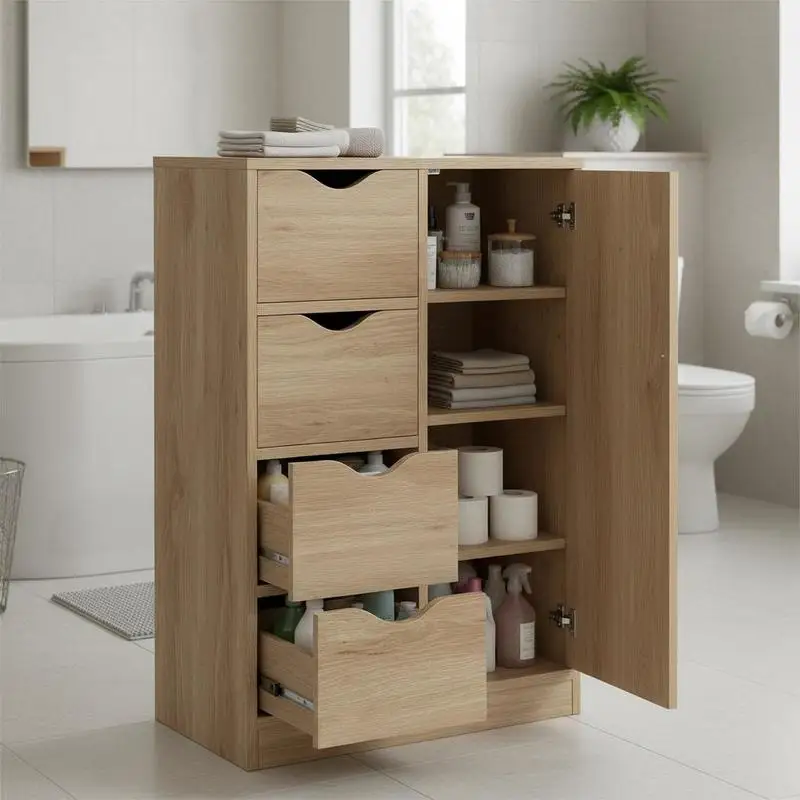 

Freestanding Storage Cabinet, Bathroom Floor Cabinet with 4 Drawers and Door, Oak