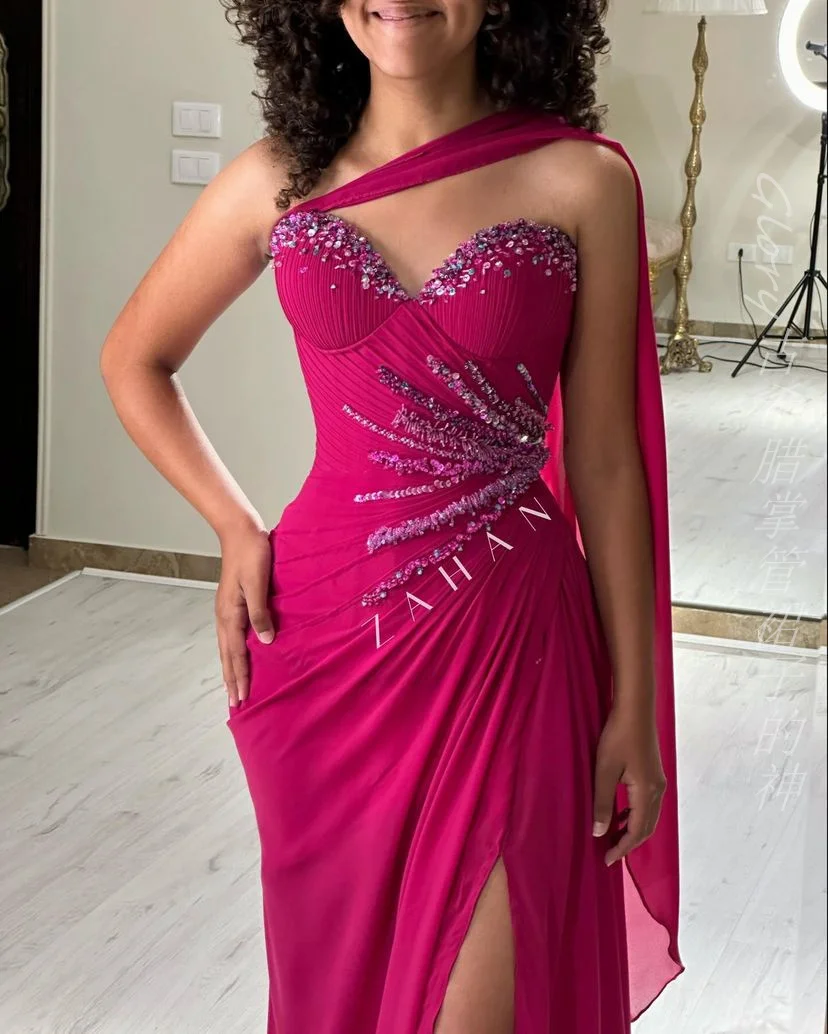 Hot Pink Evening Dress Beading Chiffon Prom Dresses Shawl Off Shoulder Sweetheart Long 2024 Formal Wedding Party Dress Gala