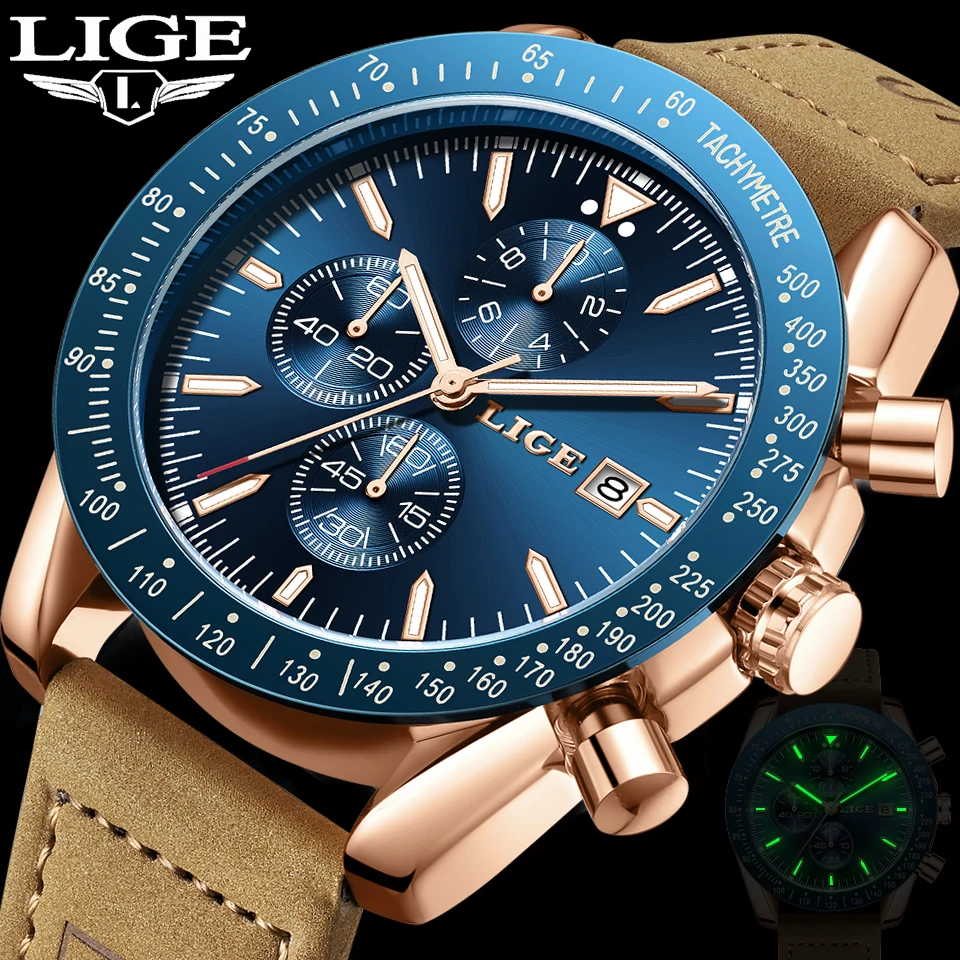 

LIGE повседневные спортивные мужские часы, роскошные водонепроницаемые мужские кварцевые часы, лучший бренд, кожаный военный хронограф, Relogios Masculino + коробка