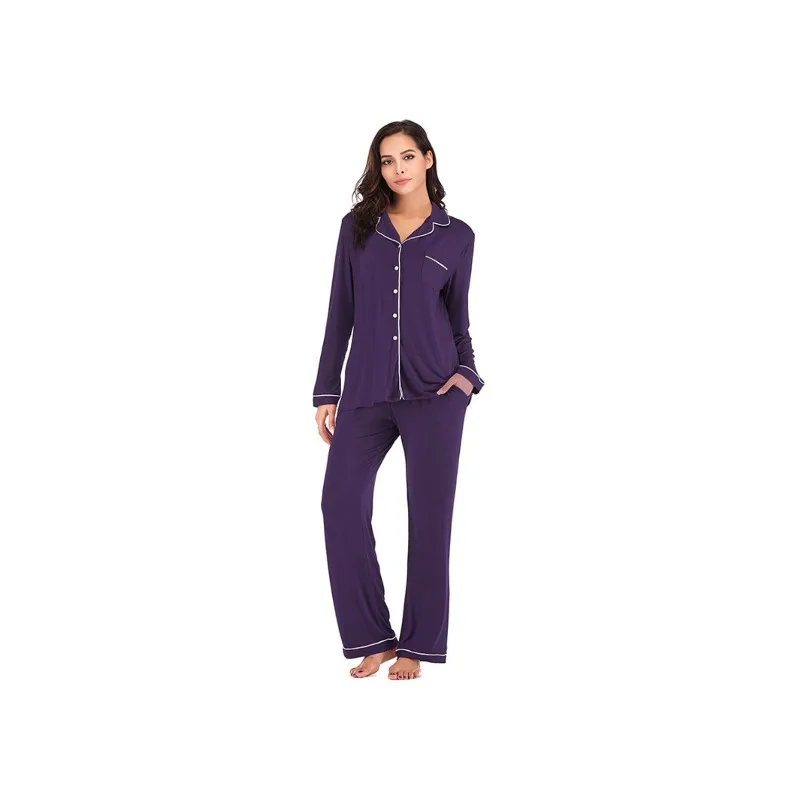 2pcs Set Pajama Set, Women's Long-sleeved Shirt and Long Pants Two-piece Set, Solid Color Soft and Comfortable Pajama Set