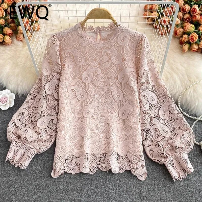 EWQ Fashion Lace Hollow Out Embroidery Blouse For Women Lantern Sleeves Solid Color Loose Tops Casual 2024 New Clothing 27C650