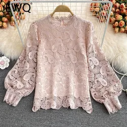 EWQ Fashion Lace Hollow Out Embroidery Blouse For Women Lantern Sleeves Solid Color Loose Tops Casual 2024 New Clothing 27C650