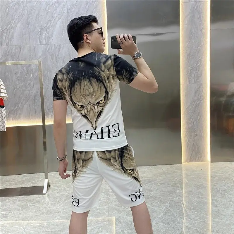 Men's Clothing Summer Short-sleeved T-shirt Shorts Two-piece Set Trendy Men's Hot Drilling Printed Handsome Casual suit