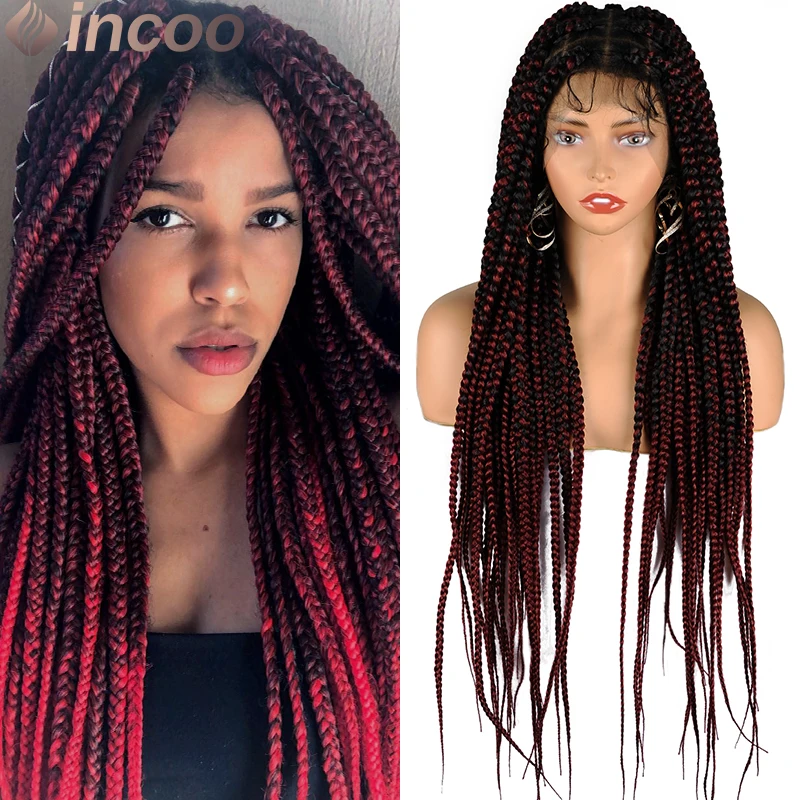 INCOO Synthetic Square Part Braided Wig for Women 36inch Burgundy Silky Jumbo Full Lace Frontal Box Braid Wig Goddess Braids Wig