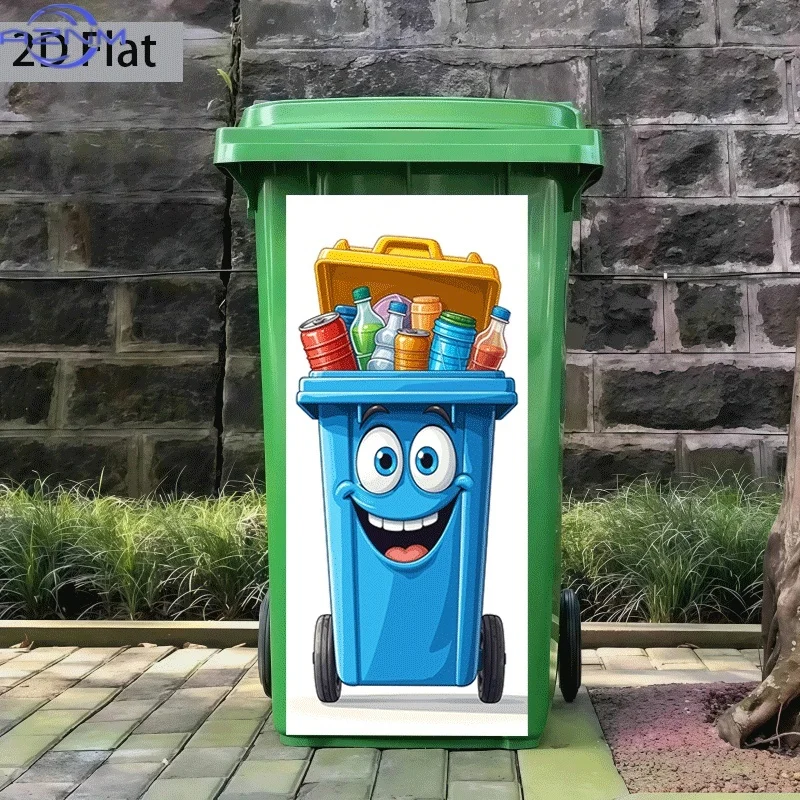 [2D Flat Printing] 1pc Trash Can Sticker  Happy Recycling Bin Theme Garbage Can Decor Wall Paper Self-Adhesive (Suitable for T