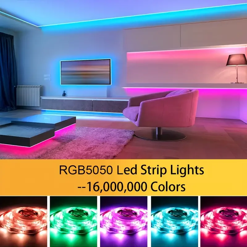 Lampu setrip LED 5050 RGB 100ft, lampu setrip cerdas mikrofon tanam, warna musik, aplikasi kendali jarak jauh, lampu LED berubah warna musik