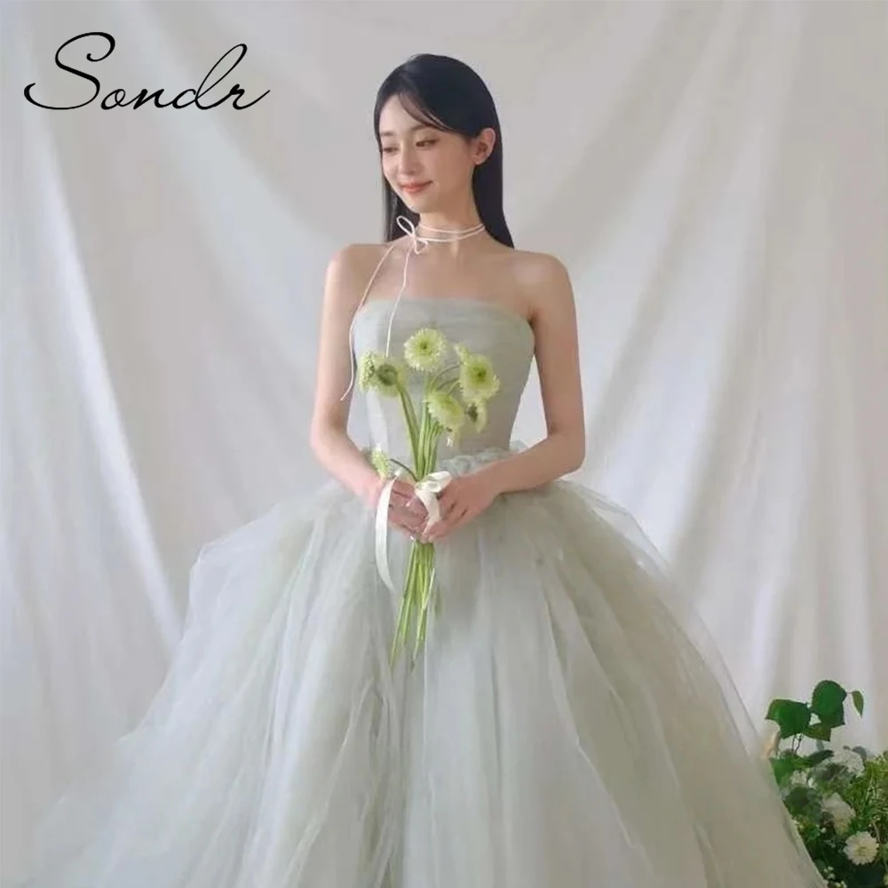 ซอนดร์สีเขียวอ่อนเอ-ไลน์สีชุดแต่งงานเกาหลีทูลรัดตัวกลับเกาะอกงานแต่งงานสแน็ปชุดผู้หญิงหรูหราชุดปาร์ตี้