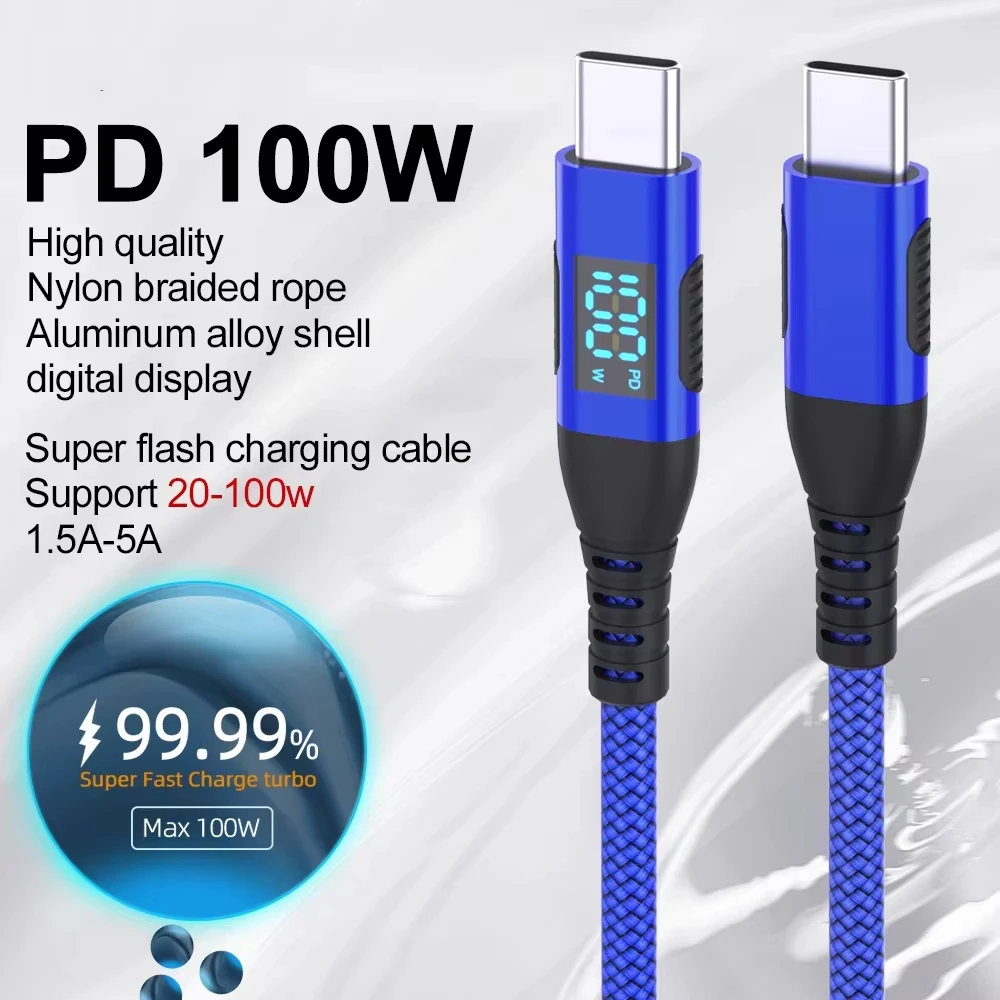 60W 100W Type C To USB C Cable Nylon Braided PD Fast Charging Cable with LED Display For iPhone 15 16 17 Pro Max Xiaomi Samsung