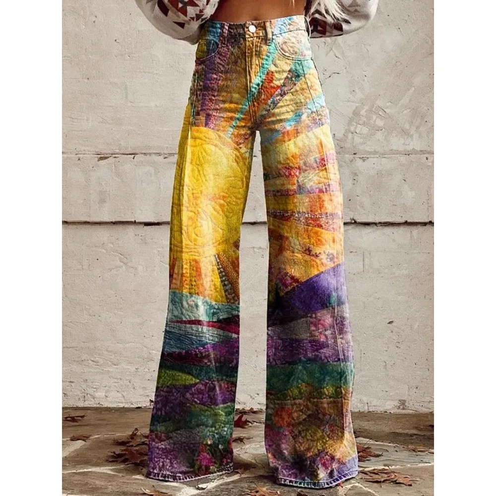 Damen Y2K Tie-Dye Graffiti-Print Hose mit hoher Taille und weitem Bein, Farbverlauf, Streetwear, lässige, lockere Hose mit Taschen, XXS-3X – Detail 2