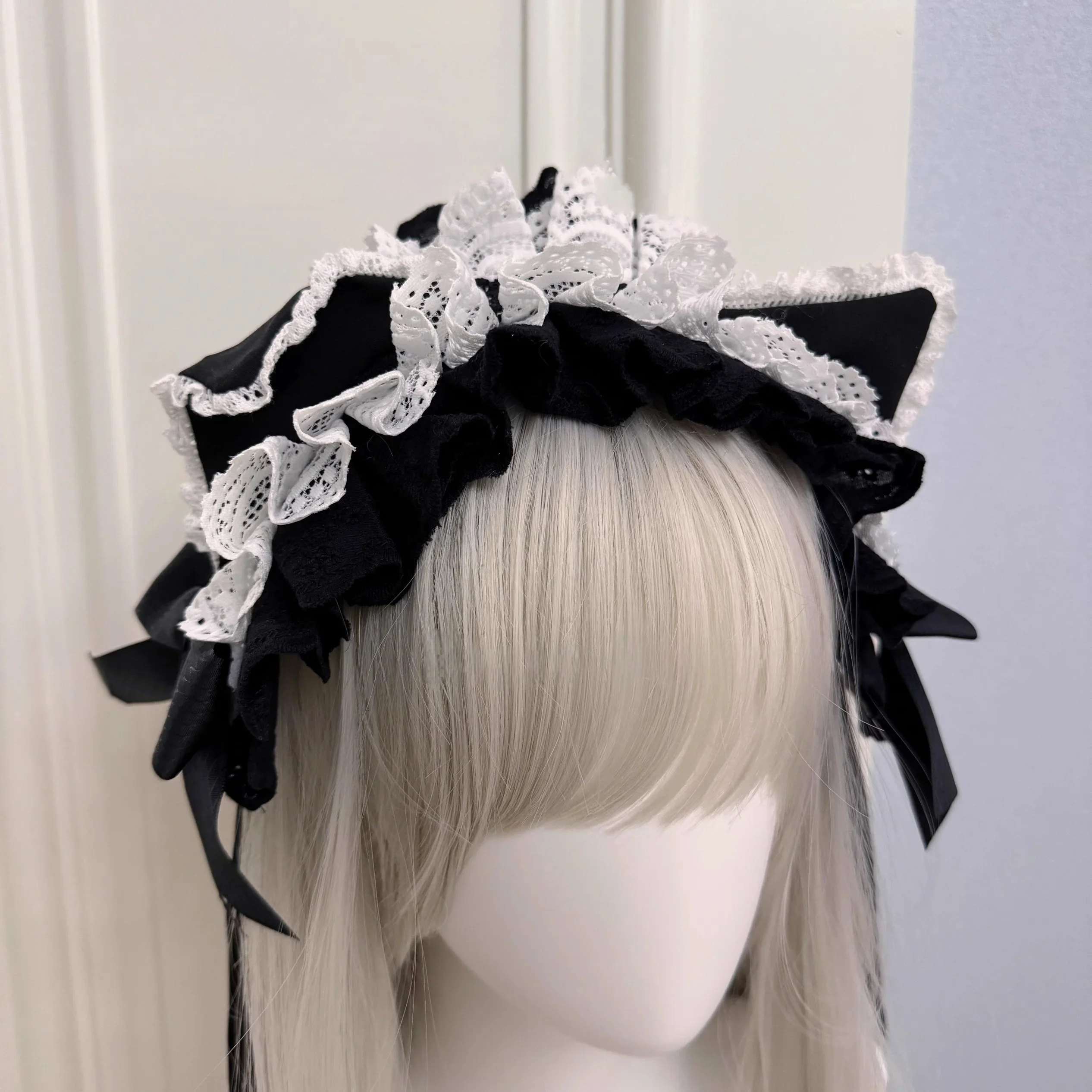 Nuovo fatto a mano Harajuku Lolita pizzo gatto serva fascia Y2K ragazza sottocultura gatto scuro orecchio copricapo KC cameriera accessorio per capelli carino