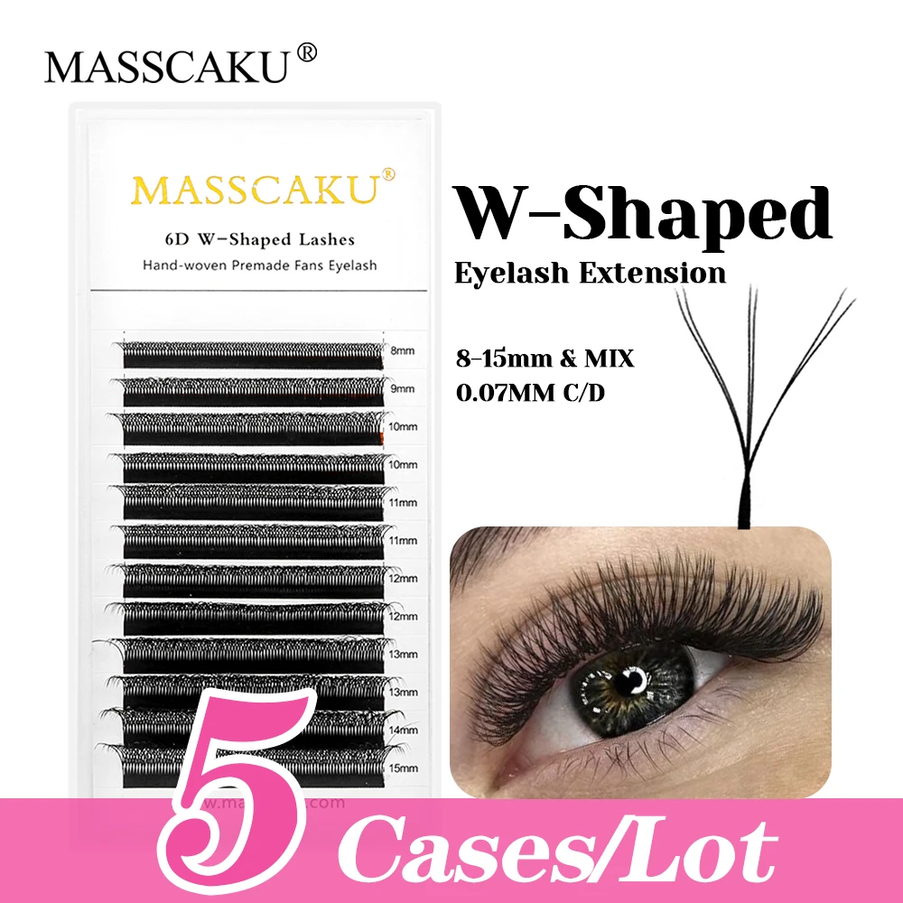 MASSCAKU 5cases/lot C D Curl Waterproof W Shaped Lashes 0.07mm Thickness Rapid Grafting Premade Volume Fans Lash Easy to Operate