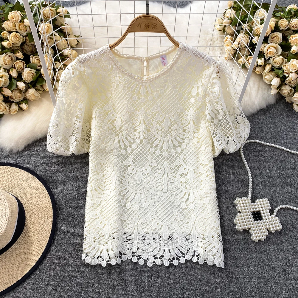 Blusas de verano mujer 2023 Chic Hollow out Puff Sleeve Lace Shirts & Blouses Casual blusas mujer elegantes y juveniles