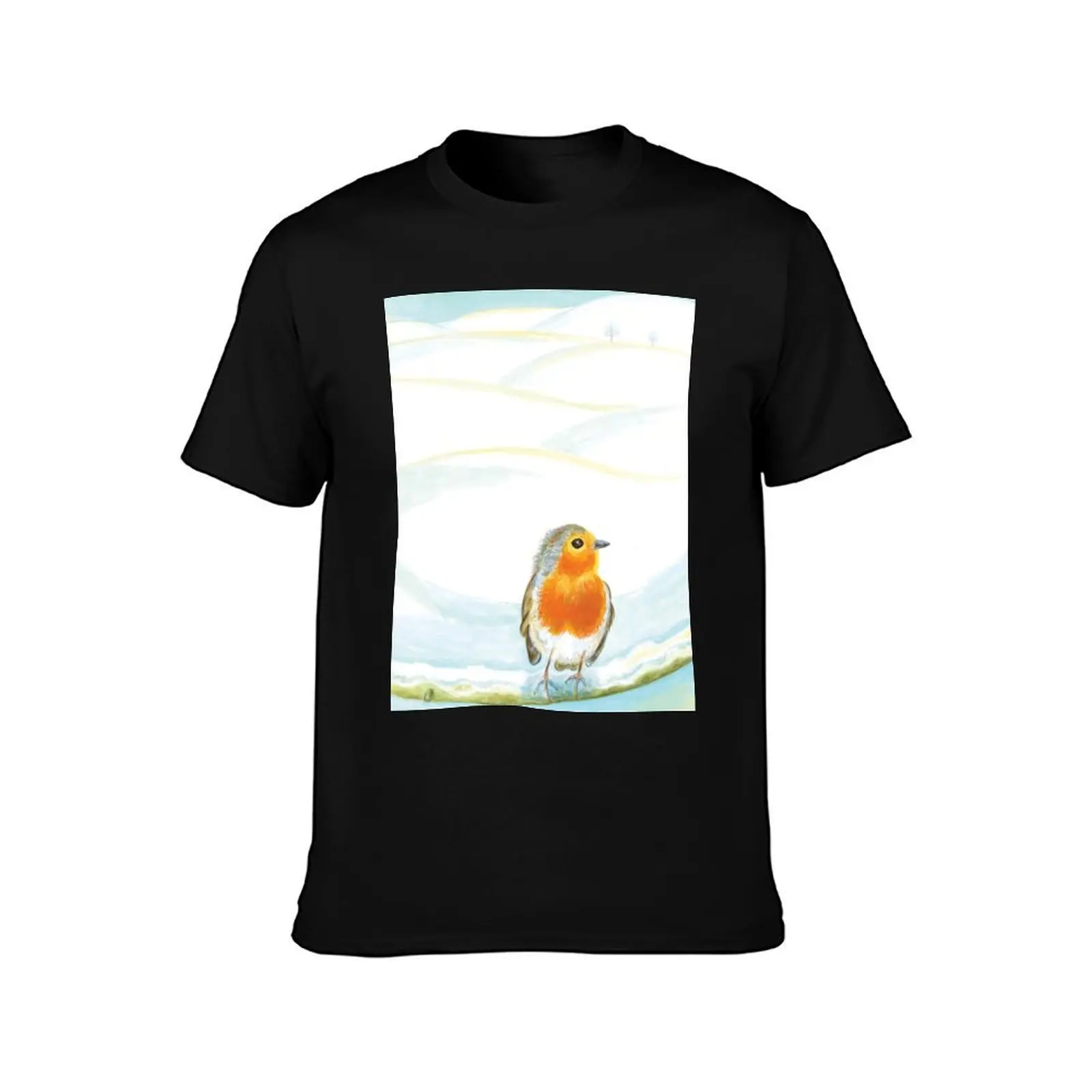 Red Robin in Winter Illustration T-Shirt Novelty Print Casual Tee Shirt T-Shirt