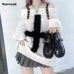 Karrram Harajuku Punk Knitwear Women Off Shoulder Belted Thin Sweater Cross Fur Patch 2022 Autumn Loose Gothic Y2k Pullover