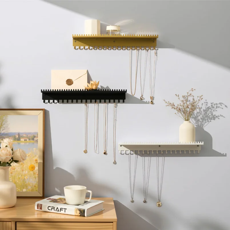 Wall-Mounted Jewelry Organizer with 56 Hooks and Tray, Necklace Display Rack for Storing and Showcasing Various Jewelry Items
