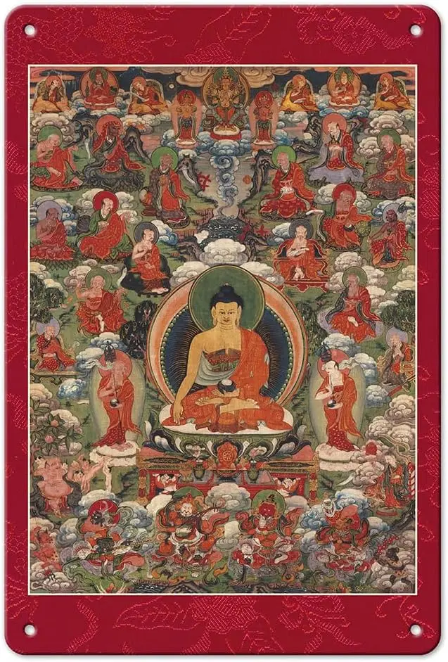 Buddha Shakyamuni and the Sixteen Arhats (Buddhist Elders) - Vintage Tibetan Thangka Buddhist Painting - Tibet, 18th Century - 8