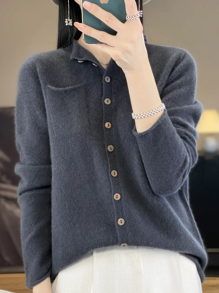 

Women Cashmere Sweater Pocket Button Cardigan Autumn Winter 100% Merino Wool Mock Neck Knitwear Female Grace Soft Clothes Top