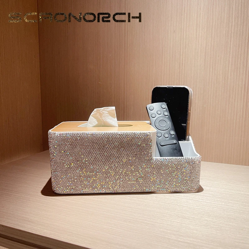 Luxury Tissue Box Wooden Plastic Diamond Removable Napkin Holder Tissue Holdler Bling Paper Storage Box Case Home Accessories