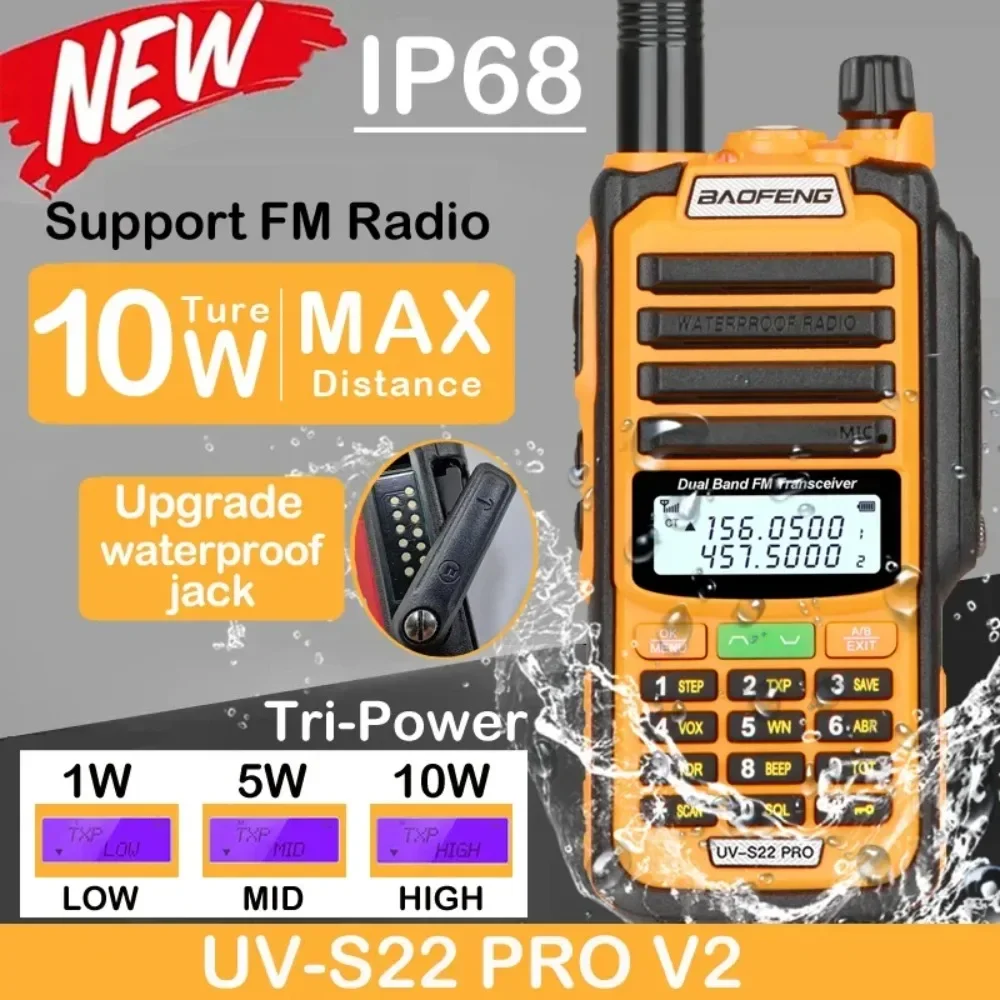 

Baofeng 2025 UV S22 PRO V2 IP68 Водонепроницаемое зарядное устройство для рации типа C мощностью 10 Вт FM-радио UHF VHF Обновление дальнего действия UV-9R Plus