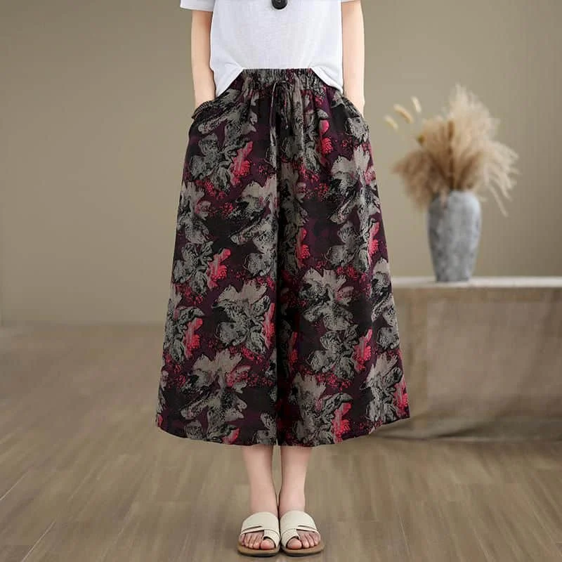 

Floral Straight Pants for Women Casual Vintage Summer Thin Korean Style Elastic Waist Flowing Cropped Trousers Wide Leg Pants