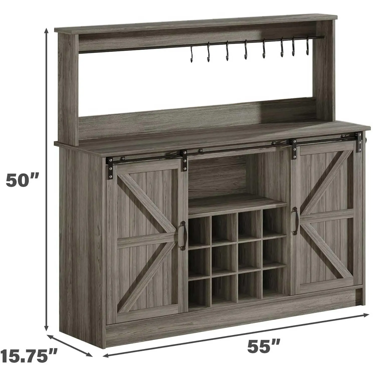 Farmhouse Coffee Bar Cabinet with Storage & Wine Rack, Hutch with Adjustable Shelves & 8 Hooks for Living Room, Customized