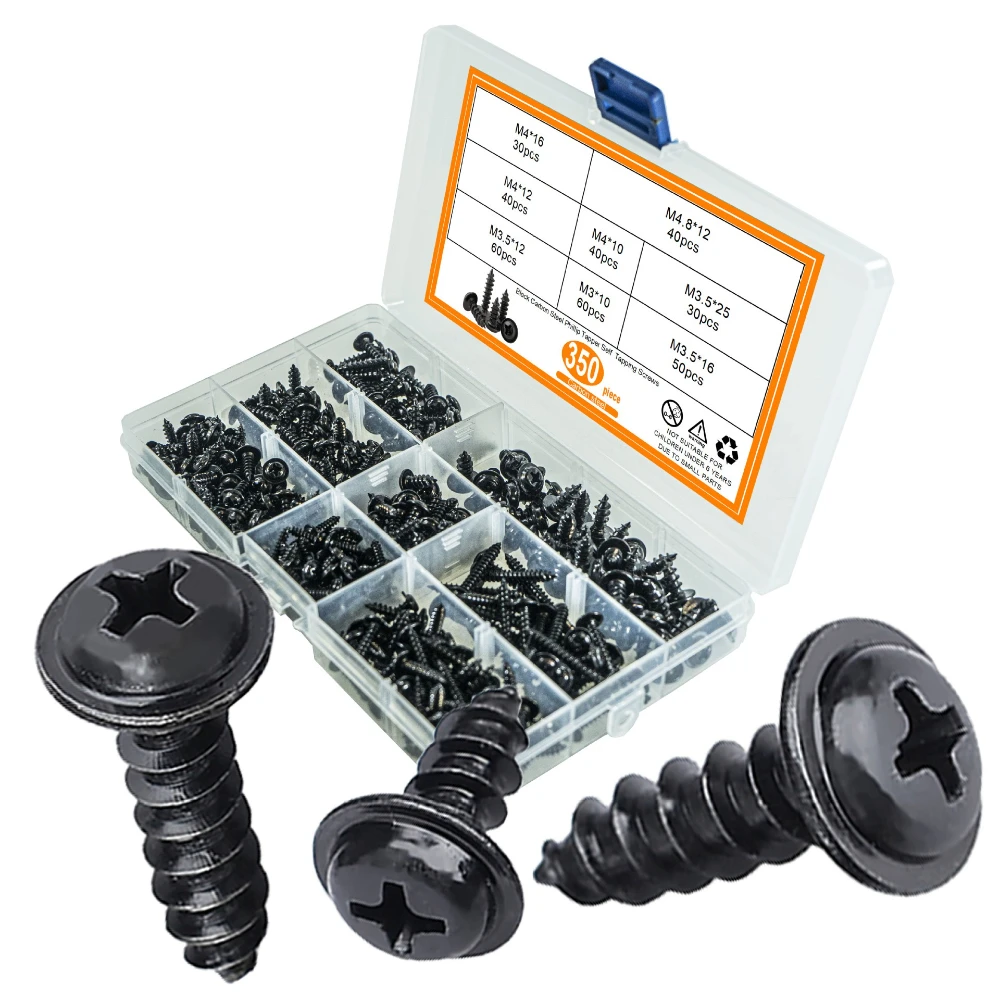 

350pcs Cross-slot Self-tapping Screw Set M3 M3.5 M4 M4.8 Carbon Steel Black Screws with Hard Disk Head Self-tapping Screws