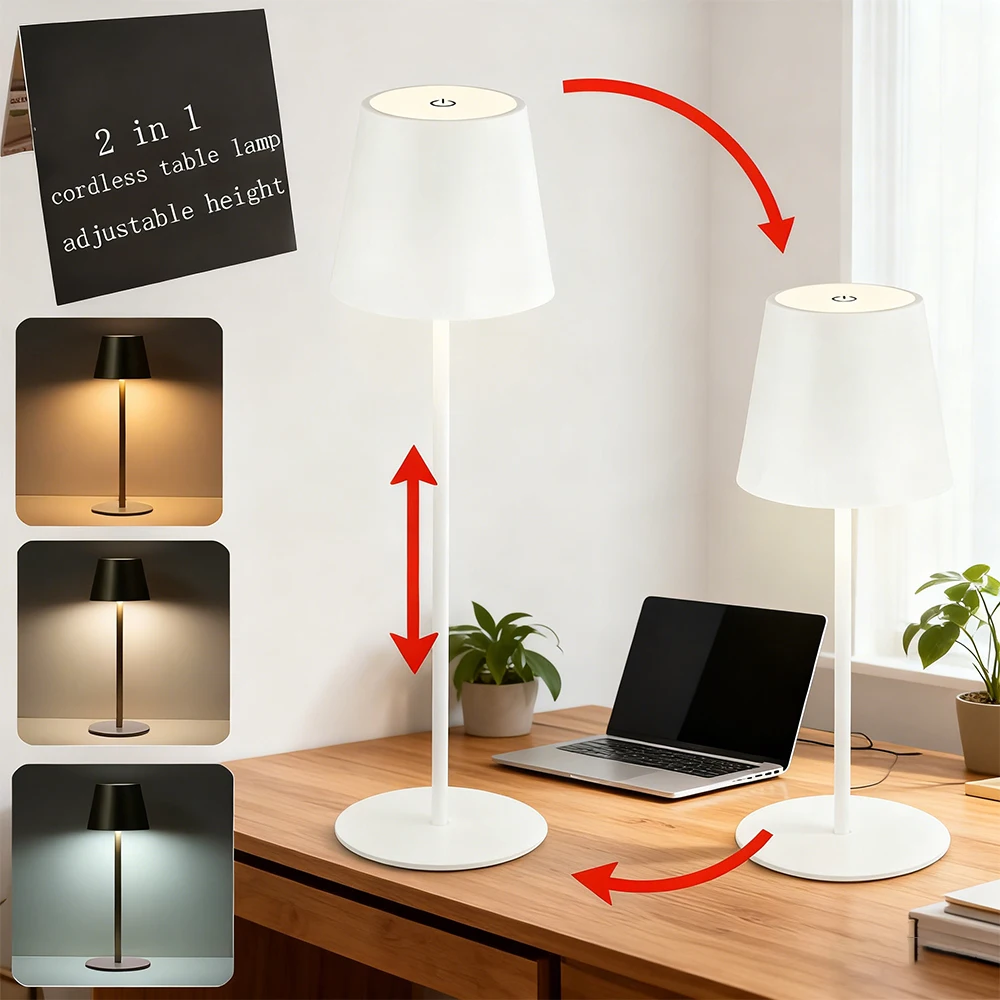 Cordless Table Lamp Rechargeable Modern Metal Bedside Lamp 3 Color LED Touch Dimming Portable Light for Bedroom Desk Nightstand