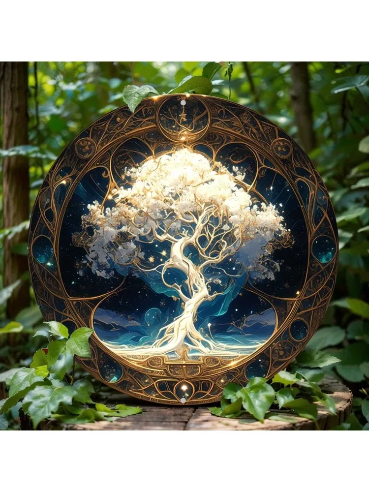 Panneau rond en métal Vintage Mandala arbre de vie, décoration murale en aluminium de Style Art déco pour porte d'entrée, porche, salon, chambre à coucher