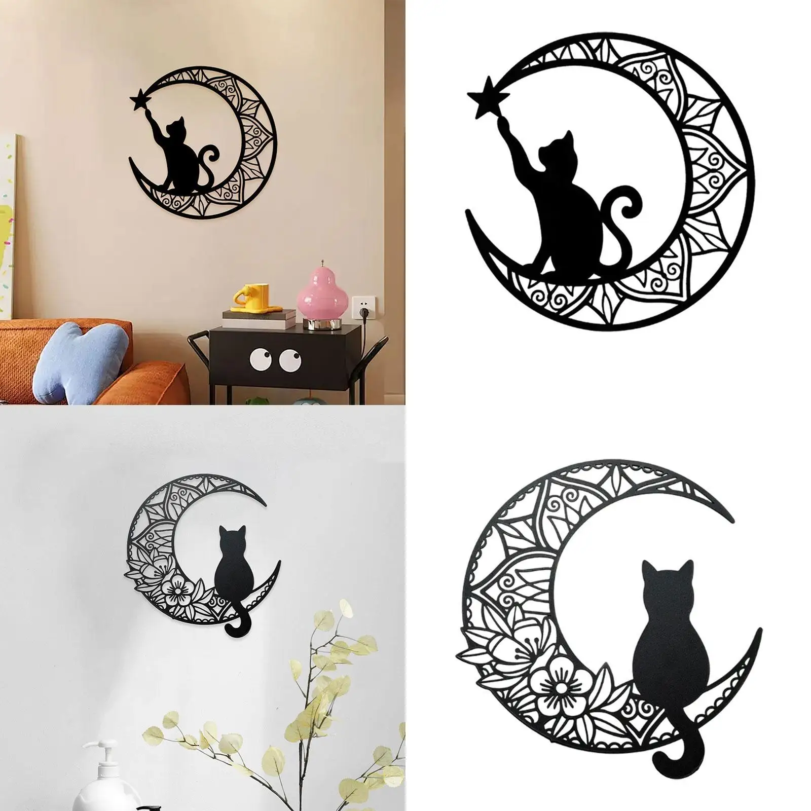 Cat Moon Wall Decor Ornament Silhouette Decal for Living Room Hallways Home