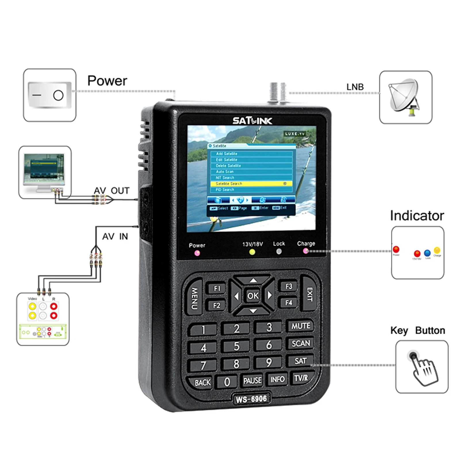 SATLINK WS6906 3.5in Portable LCD High Clarity satellite finder Display Data Digital Satellite Signal Finder Meter