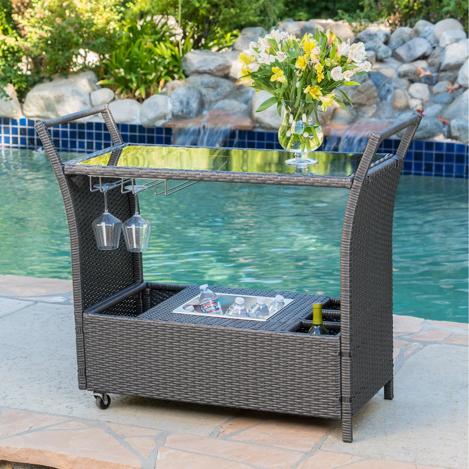 Outdoor Rolling Bar Cart Patio Wicker Storage Cabinet Serving Cart With Removable Ice Bucket Tempered Glass Countertop