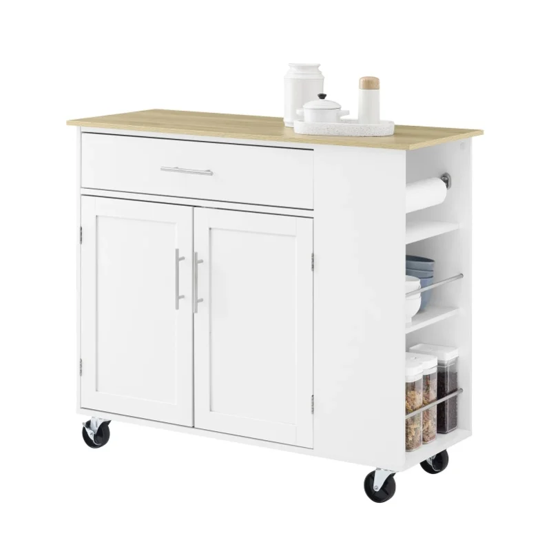 SoBuy FKW133-WN Kücheninsel mit Arbeitsplatte, Küchenwagen mit Rollen, robuster Stauraum mit Edelstahl-Details, ideal als Servierwagen für Kaffeebar & Grillparty, für Kochliebhaber Weiß 99x85x40 cm