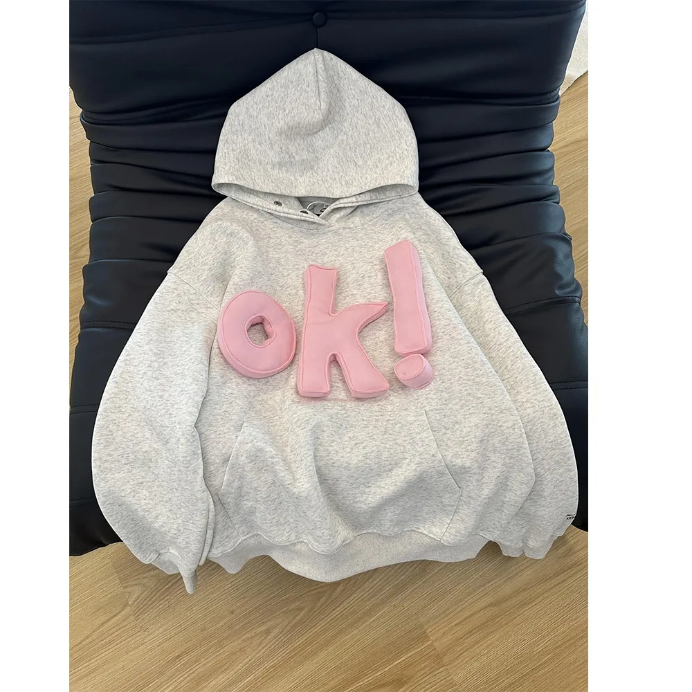 American Sle Pink OK Letters Hoodie Men and Women Autumn and Winter Fleece-lined Thickened 3D Three-Dimensional Couple Nati...