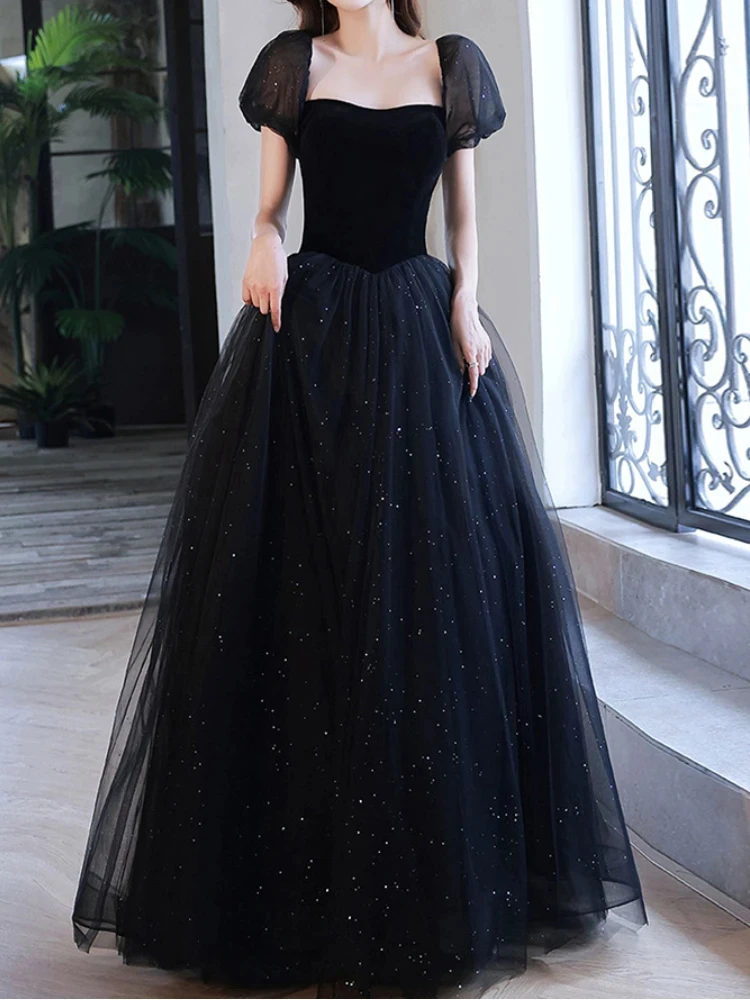 Draped Black Square Collar Women Evening Dress Puff Sleeve Boat Neck Cross Lace Up Prom Dresses Tiered Party Femme Vestidos