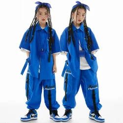 Blue Loose Short Sleeves Shirt Coat Pants Boys Drum Street Dance Outfit Girls Jazz performance Suit Kids Hip Hop Clothing