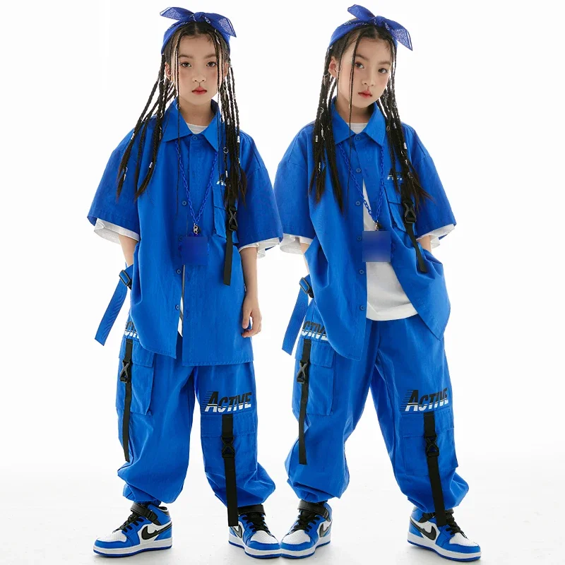 Blue Loose Short Sleeves Shirt Coat Pants Boys Drum Street Dance Outfit Girls Jazz performance Suit Kids Hip Hop Clothing