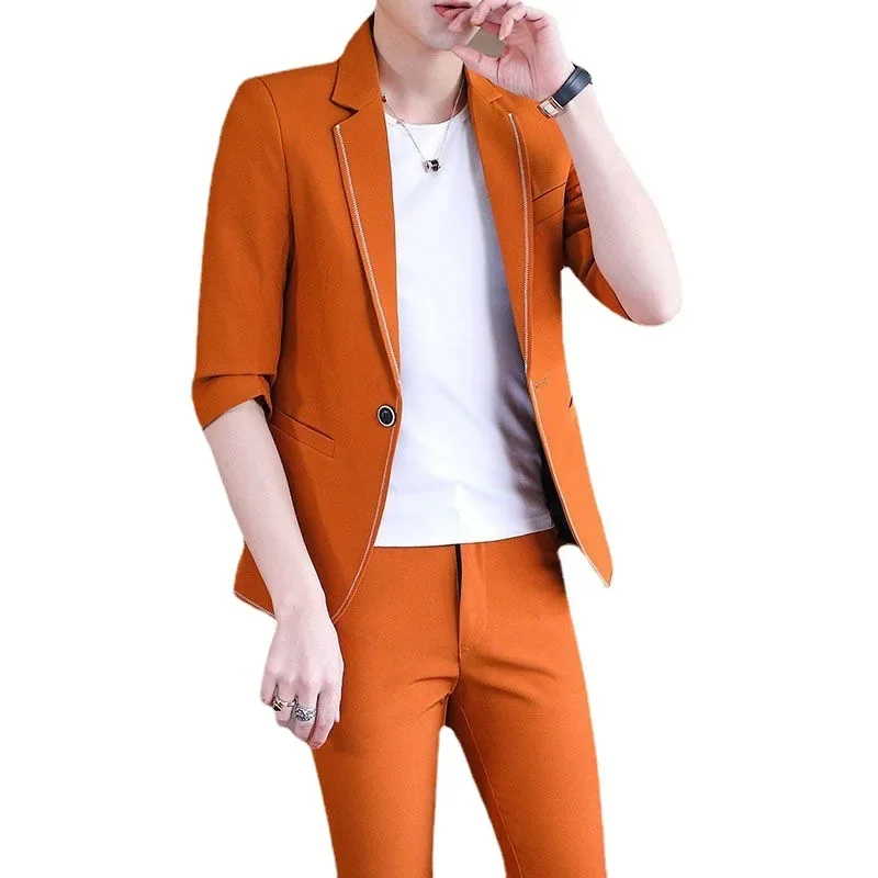 2023 New (suit + Trousers) Three-quarter Sleeve Solid Color Casual Slim Fit Nine-point Pants Short-sleeved Small Suit Two-piece