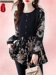 Loose Clothes Women 2024 Autumn Long Elegant Office Lady Floral Shirts Casual Retro Vintage Ruffles Tunic Peplum Tops Blouses