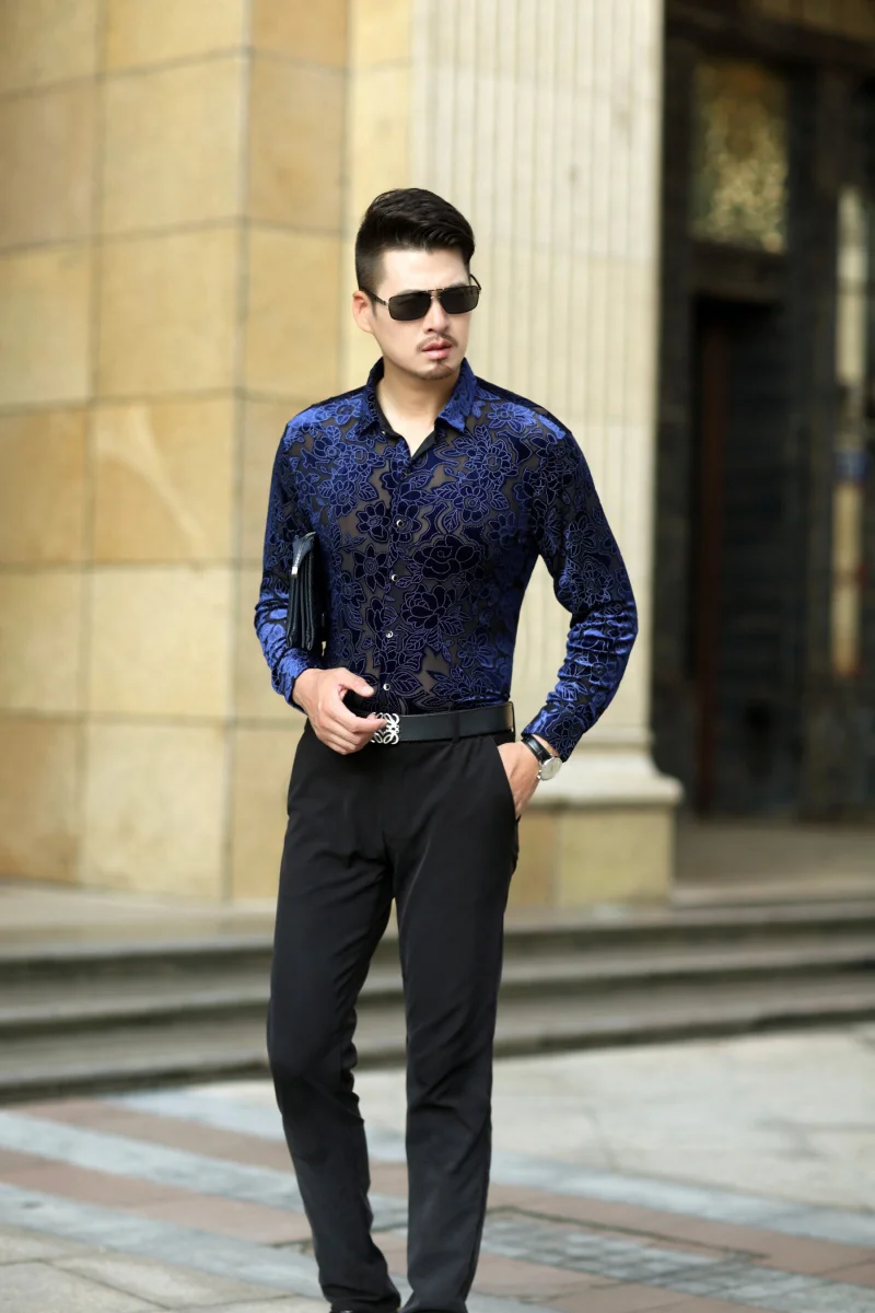 2023 New Sexy Lace Shirt for Male Floral Print Shirt Men Transparent Shirt See Through Mesh Shirt Club Party Prom Chemise Homme