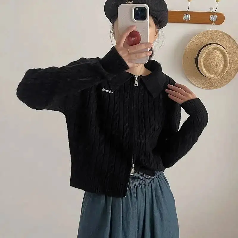 Lapel Twist Double Zipper Knitted Cardigan For Women In Winter New Slim Versatile Top Short Sweater Jacket