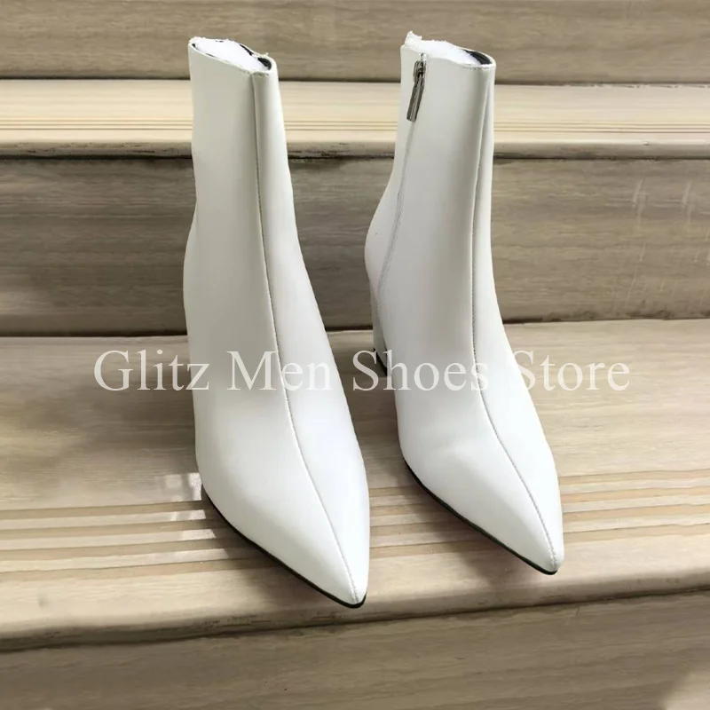 

Pointed White Chunky Heel Boots For Men Ankle Boots High-heeled Zipper Black Fashion British Style Handmade Shoes Men Boots