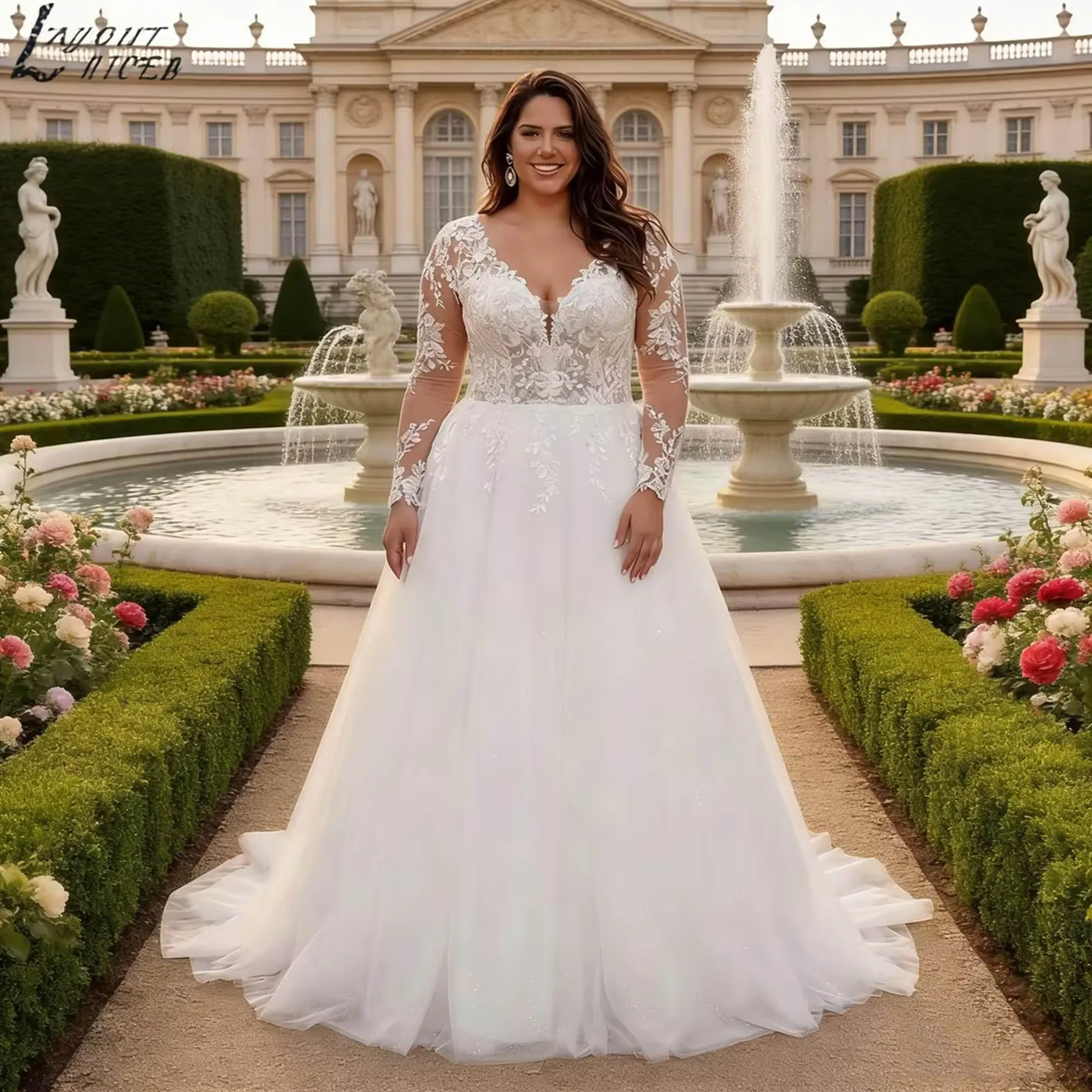 

Elegant Long sleeves Wedding Dress V-neck A-line Appliques Plus Size Bride Gown Romantic V-back vestido de novia 2026 Customized