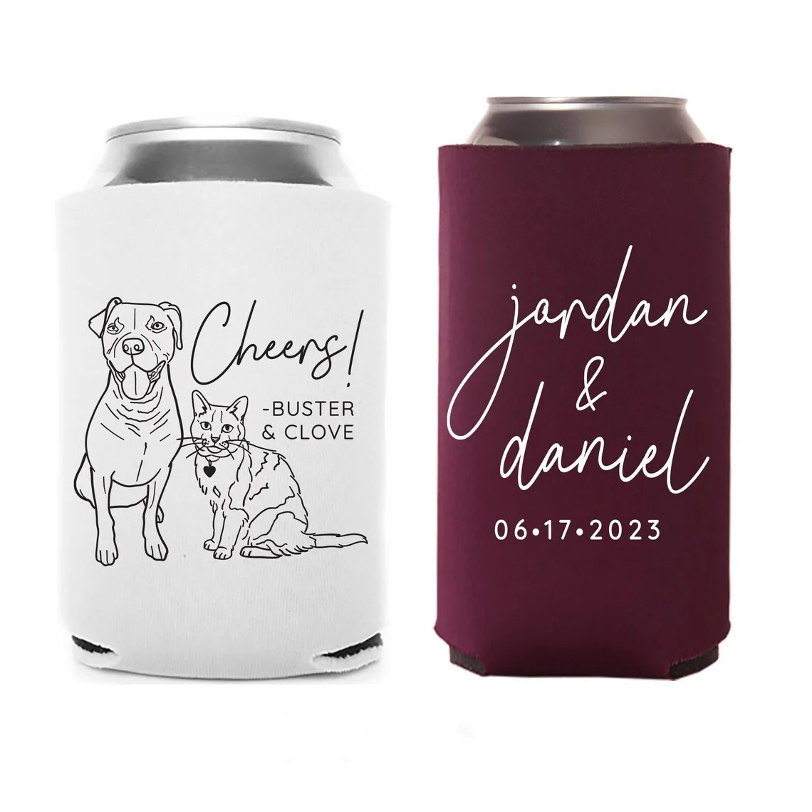 

Regular & Slim Can Cooler Wedding Package #213RS - Custom Pet Illustration - Cheers - Wedding Favor Package, Wedding Favors, Can