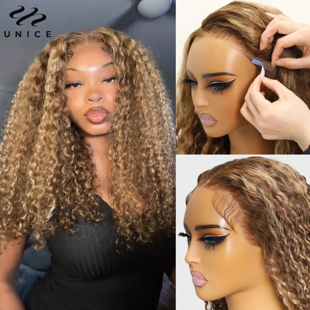 UNice Hair Pre Everything 13x4 Lace Front Wig Honey Blonde Curly Human Hair Pre Cut Lace Pre Bleached Pre Taped Ear Tab Lace Wig